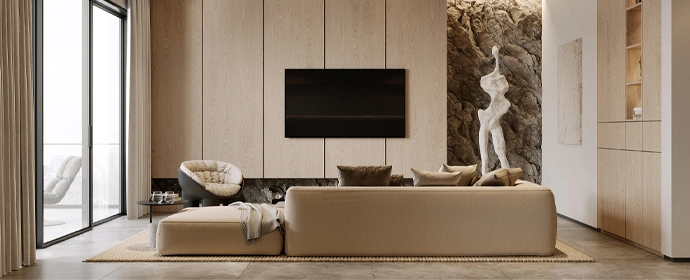 3D Visualisierung eines Wohnzimmers mit großer Couch und TV